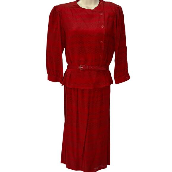 Vintage Maggie London Jeannene Booher Red Silk 2 Piece Set Size 10 Skirt Belt - Picture 1 of 9